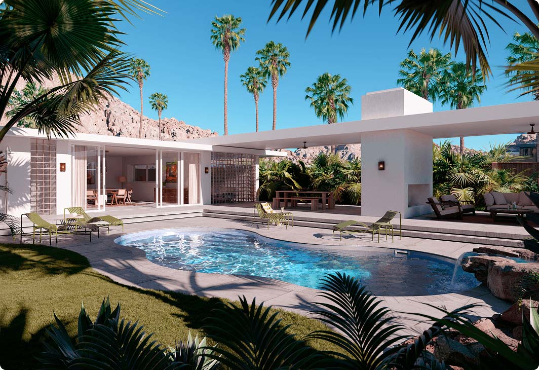 Backyard pool viewed through foreground trees, surrounded by greenery and patio space.