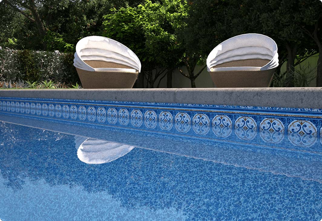 Close up of a vinyl liner in a residential inground pool with clear water
