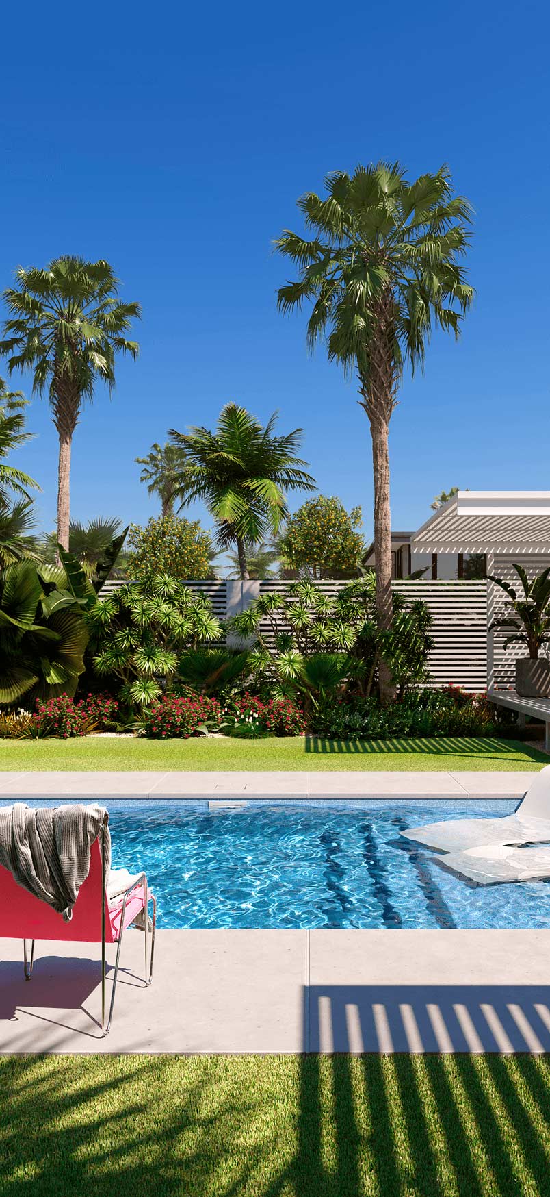 Backyard fiberglass pool surrounded by palm trees, with lounge chairs and a shaded structure nearby.