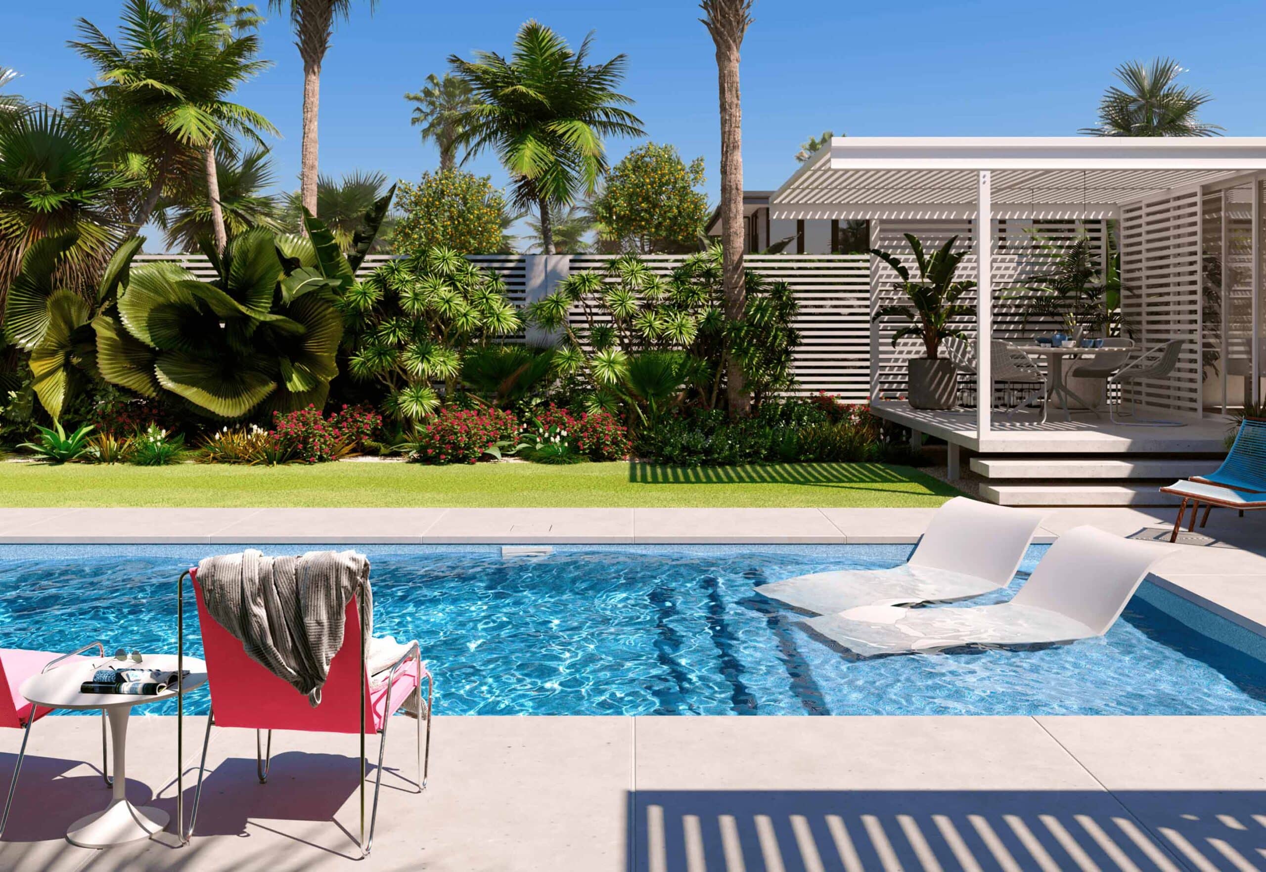 Backyard fiberglass pool surrounded by palm trees, with lounge chairs and a shaded structure nearby.