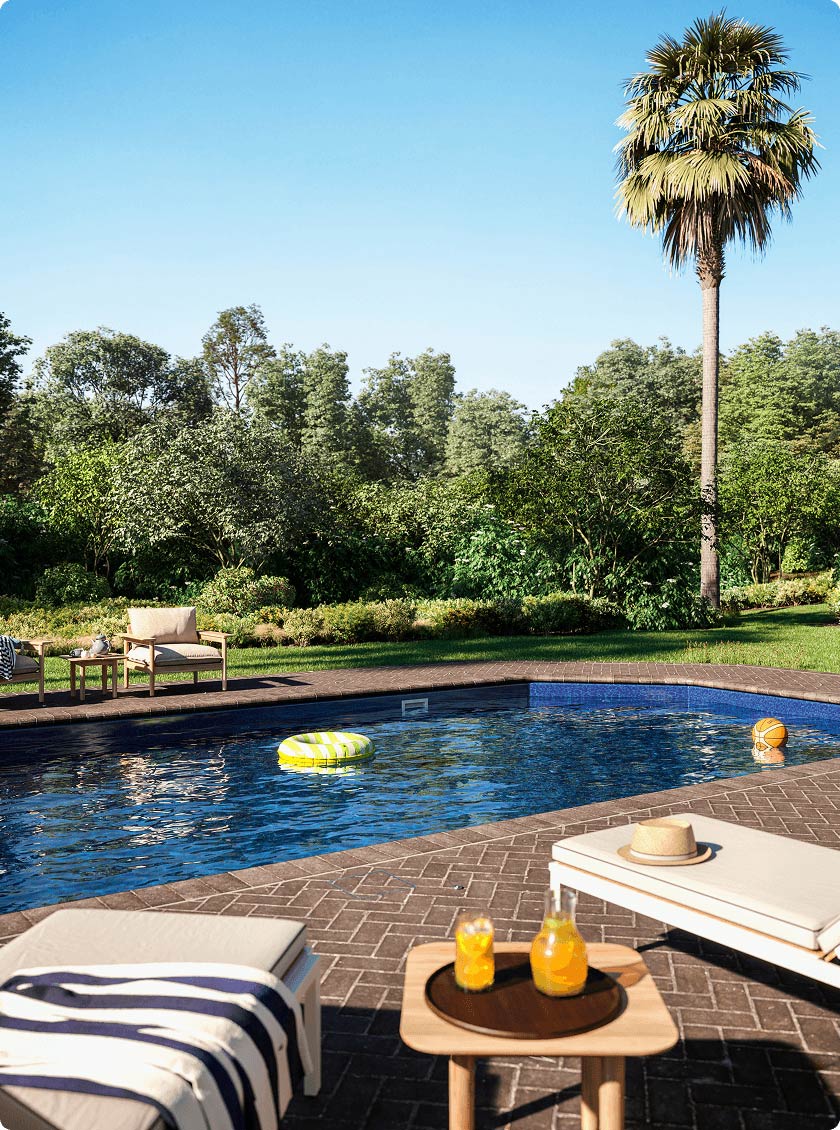 palm trees in backyard with patio block decking and inground pool