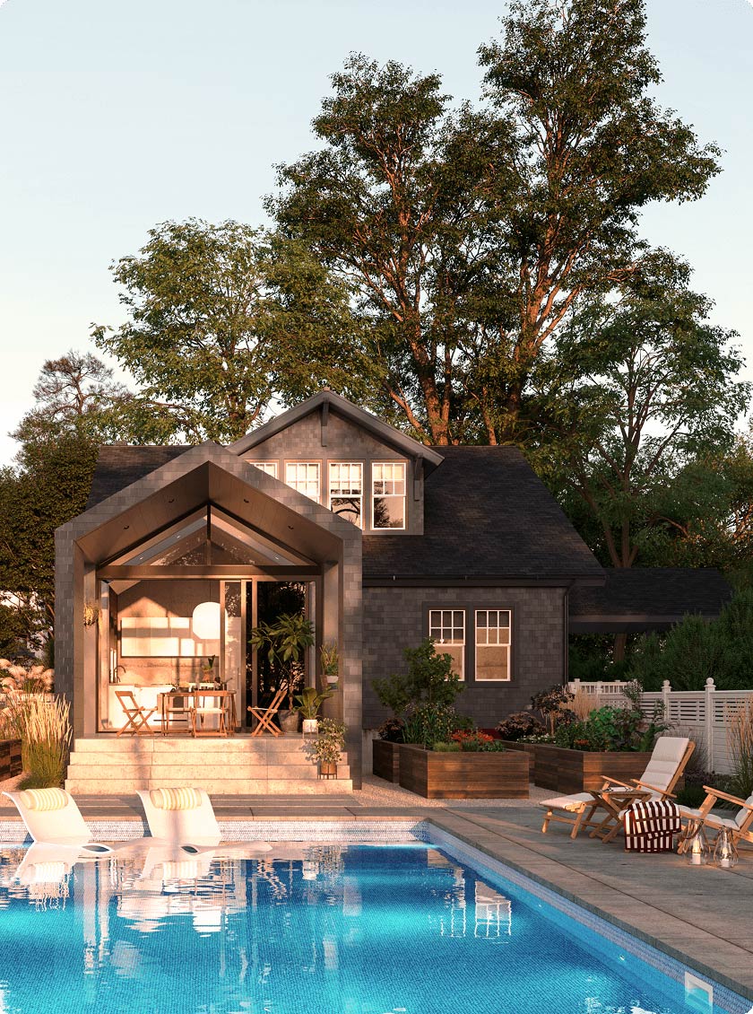 beautiful backyard with contemporary home with inground pool with tanning ledge