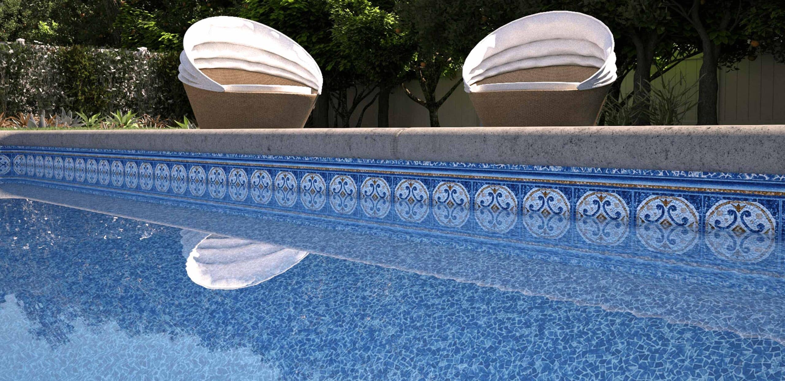 Close-up of vinyl pool liner with seamless floor and two white poolside loungers.