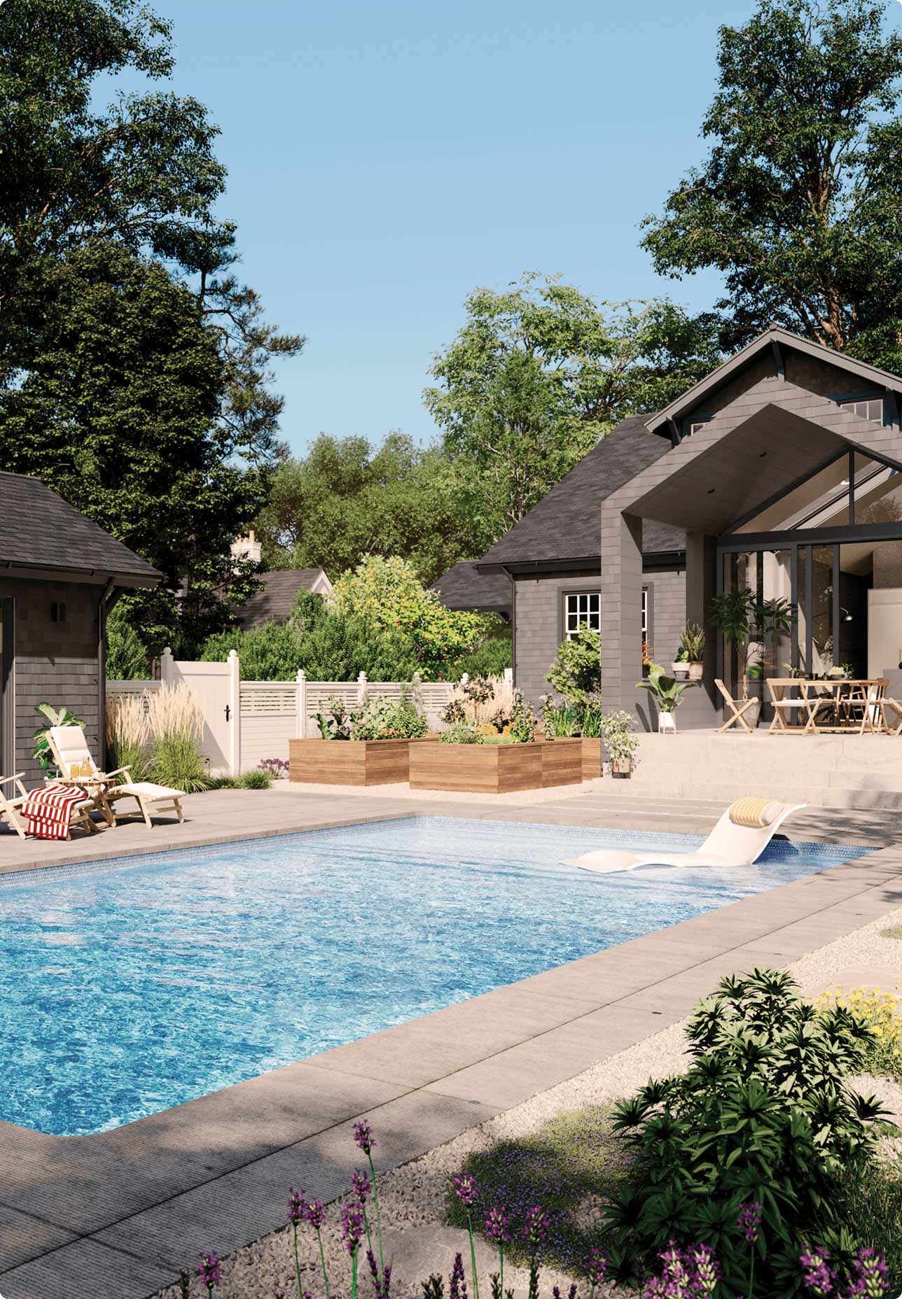 modern backyard with inground pool, beautiful landscaping and inground pool with tanning ledge