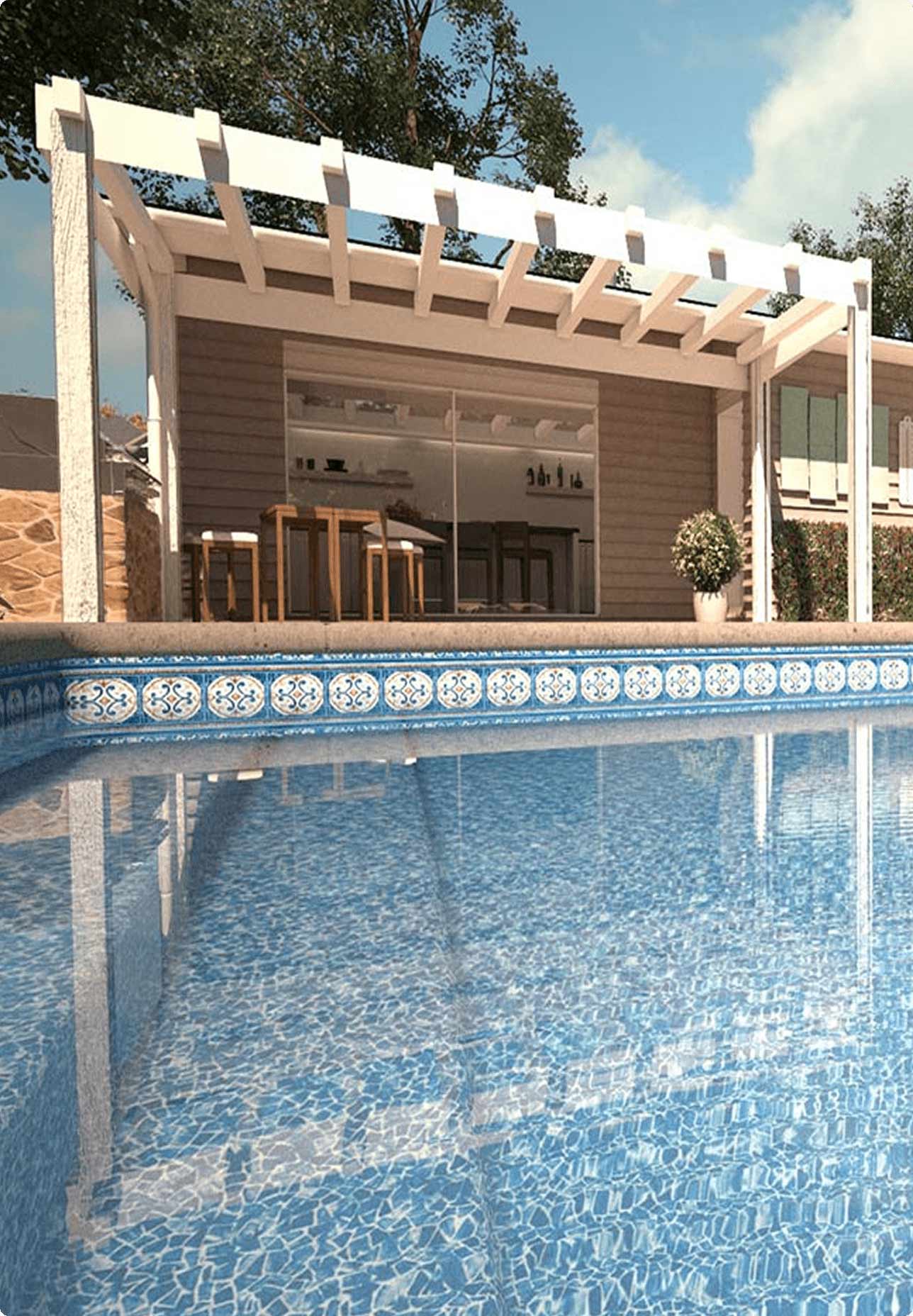 pergola in backyard with inground vinyl liner pool with mosaic pattern