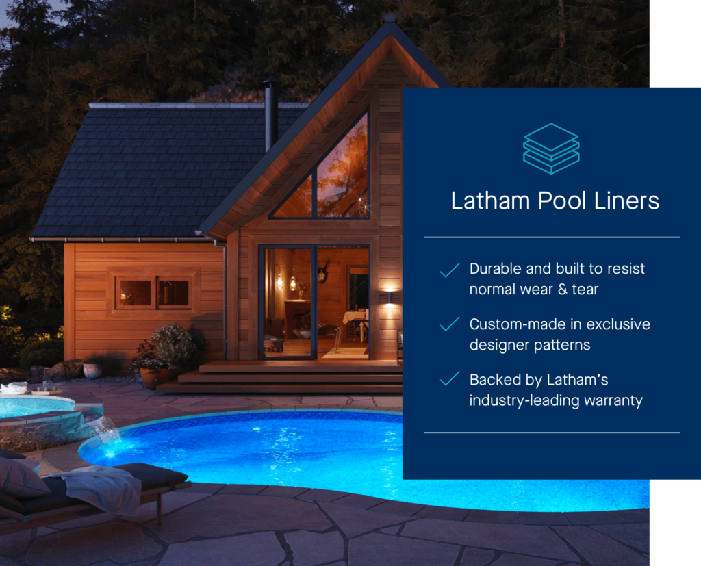 Nighttime backyard with a Latham pool liner display [highlighting its features].